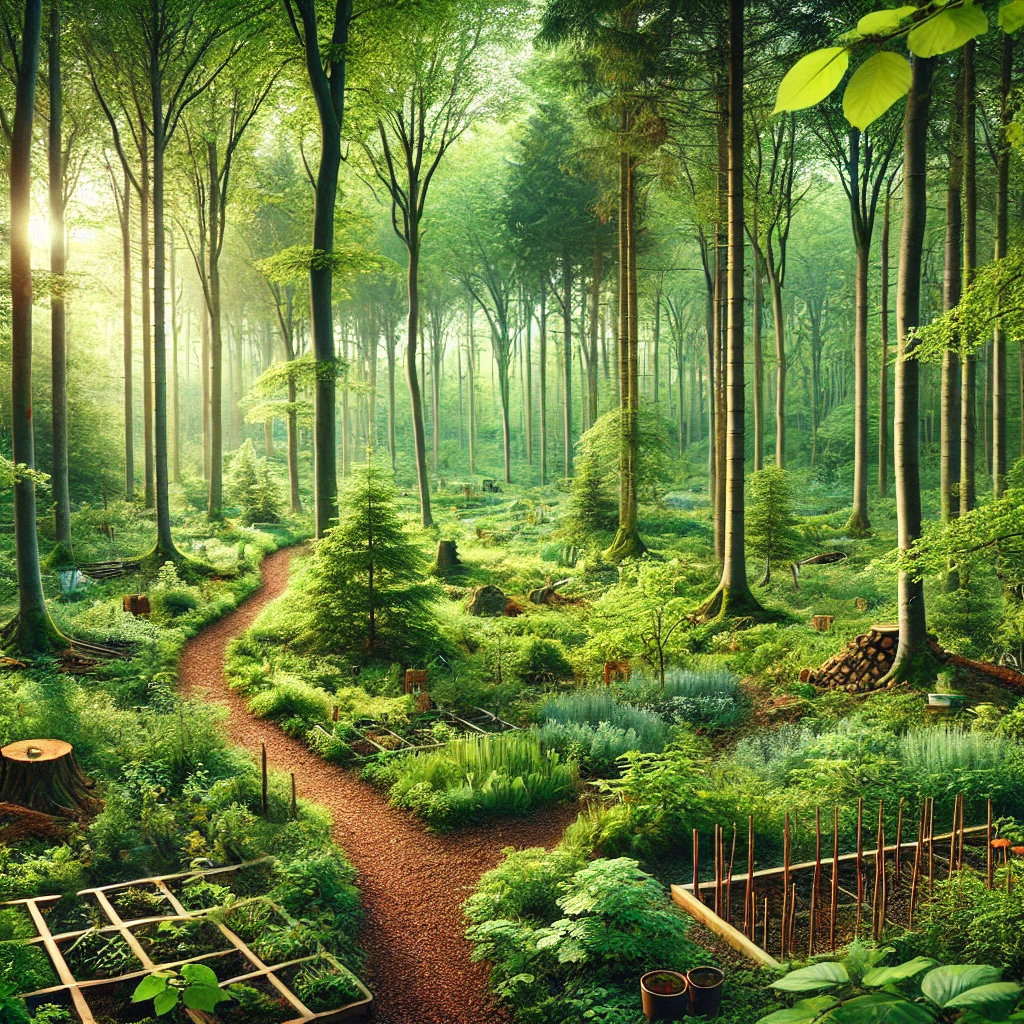 DALL·E 2024-07-08 14.25.56 - A sustainably managed forest in a square format. The scene includes a variety of tree species, well-maintained pathways, and a diverse undergrowth of