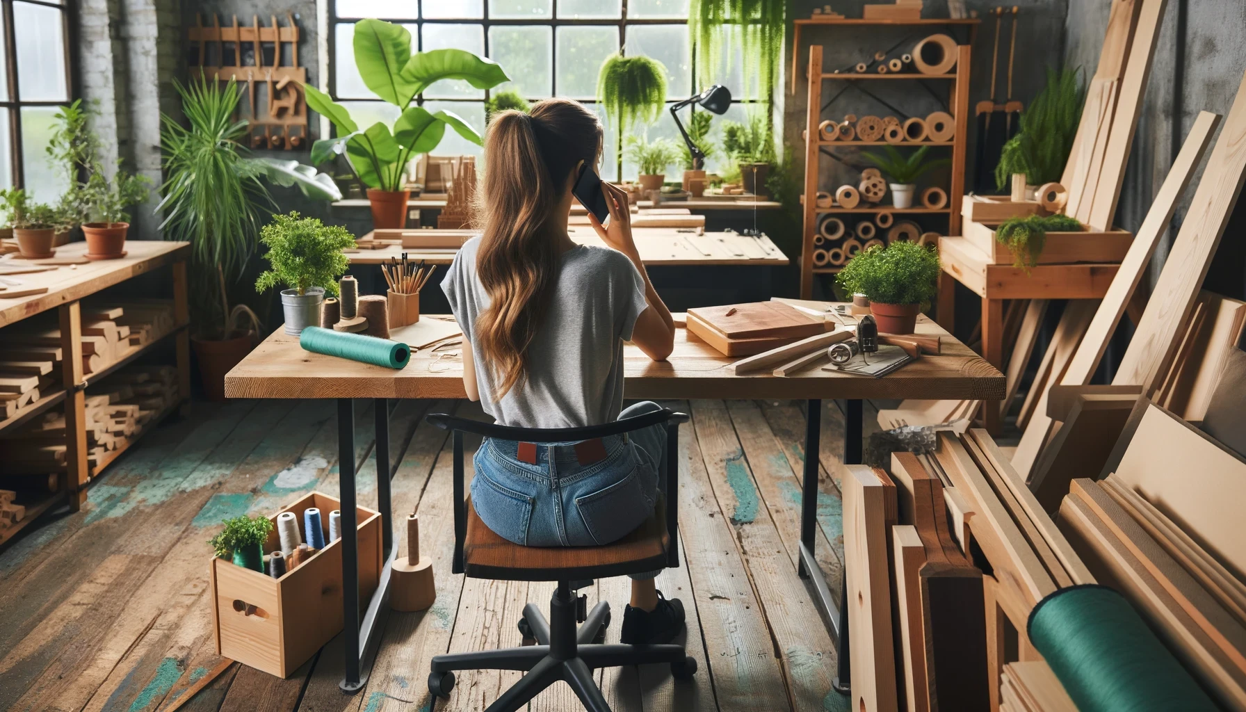 DALL·E 2024-07-19 08.19.21 - A woman sitting in an office of a wood workshop with lots of green plants around, seen from behind. She is on the phone, with woodwork tools, material